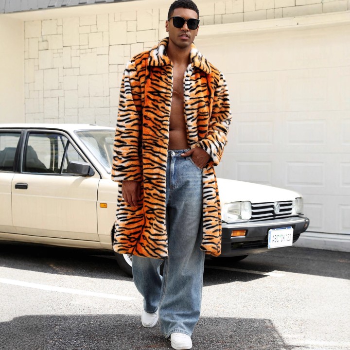 Autumn And Winter Tiger Pattern Color Imitation Fur Mens Lapel Jacket Thermal Coat M