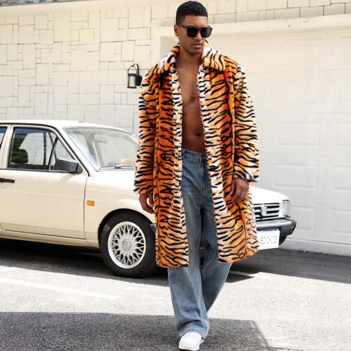 Autumn And Winter Tiger Pattern Color Imitation Fur Mens Lapel Jacket Thermal Coat M