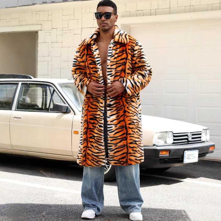 Autumn And Winter Tiger Pattern Color Imitation Fur Mens Lapel Jacket Thermal Coat M