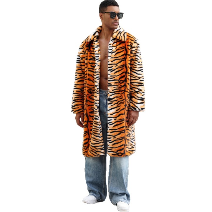 Autumn And Winter Tiger Pattern Color Imitation Fur Mens Lapel Jacket Thermal Coat M