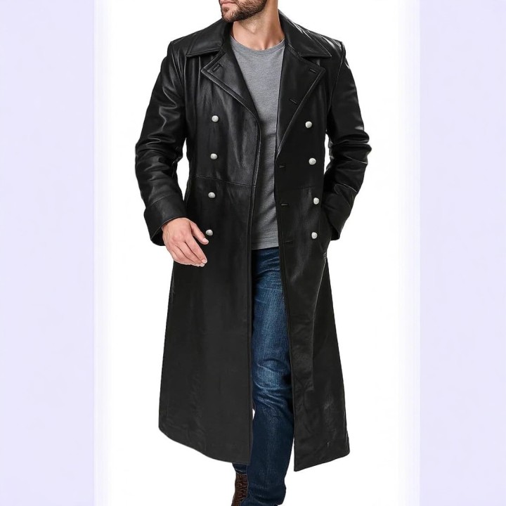 Mens Doublebreasted Black Leather Windbreaker Vintage Classic Officer Uniform Long J