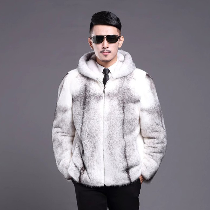 Mens Fur Mink Coat Hooded Slimfit Zipper Short Casual Jacket Plus Size