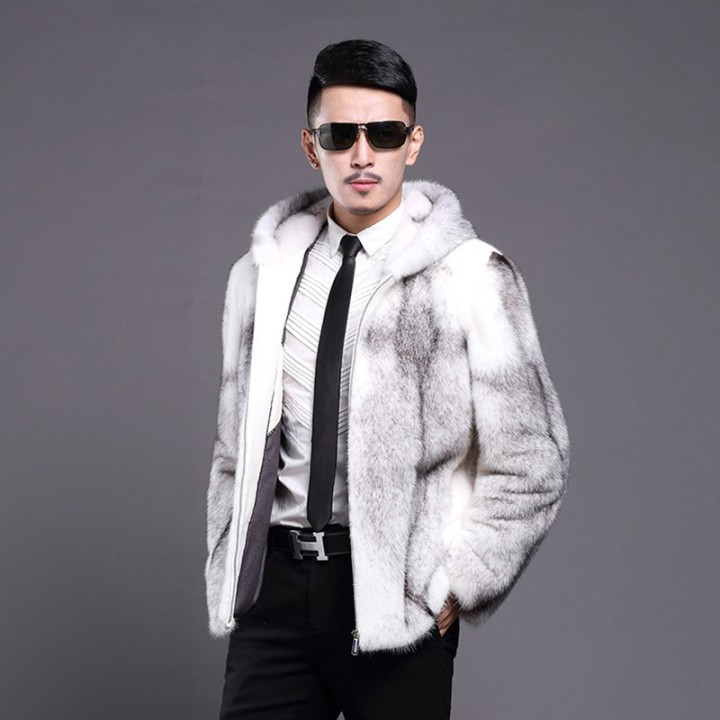 Mens Fur Mink Coat Hooded Slimfit Zipper Short Casual Jacket Plus Size
