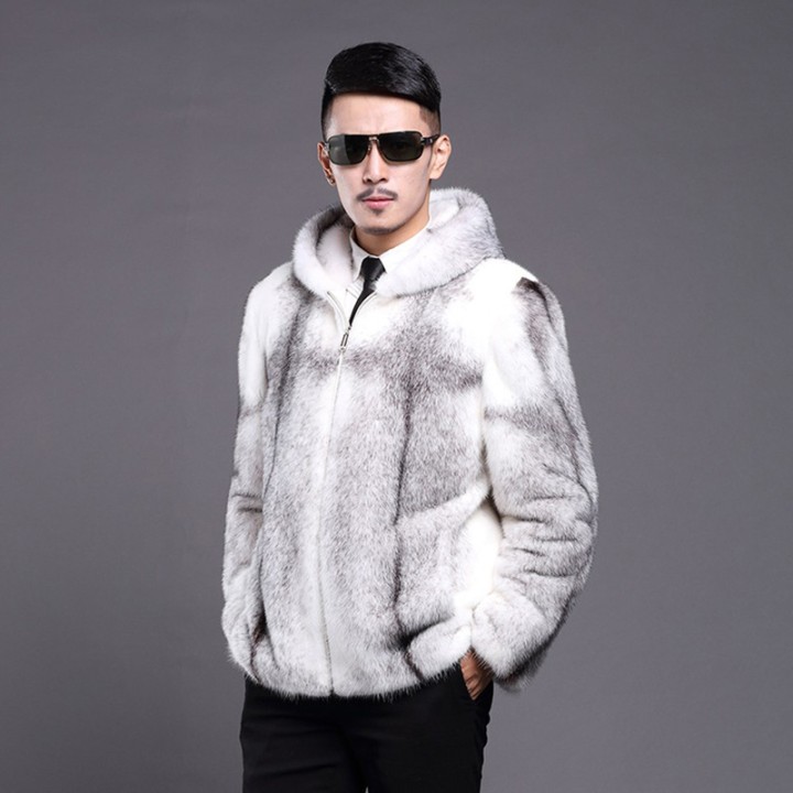 Mens Fur Mink Coat Hooded Slimfit Zipper Short Casual Jacket Plus Size