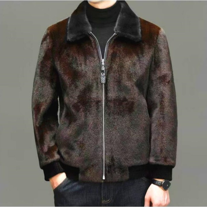 Winter New Fashion Mens Turndown Collar Long Sleeve Zipper Faux Fur Jackets Male Thi