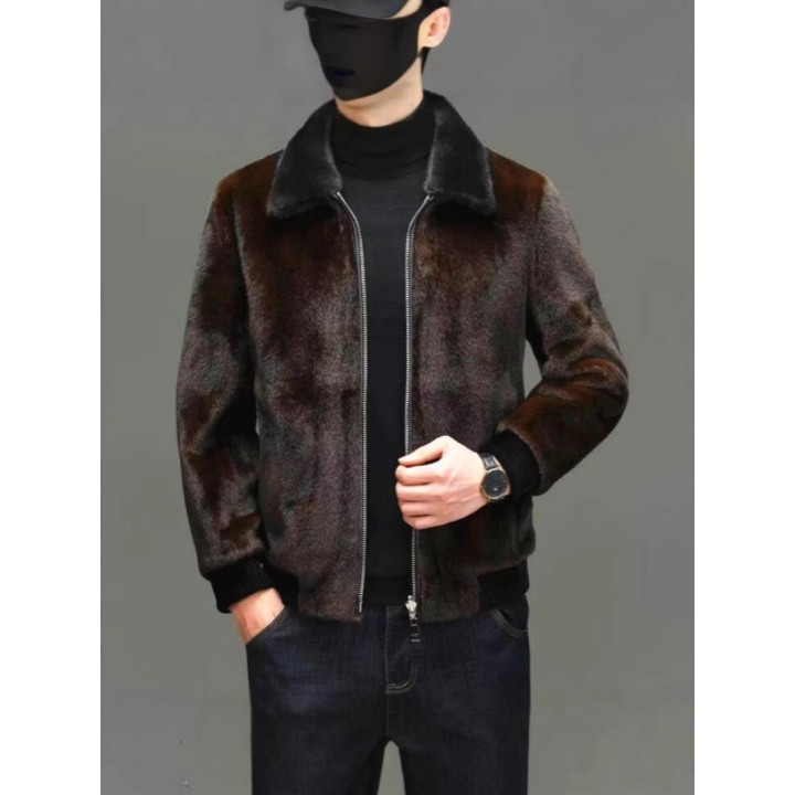Winter New Fashion Mens Turndown Collar Long Sleeve Zipper Faux Fur Jackets Male Thi
