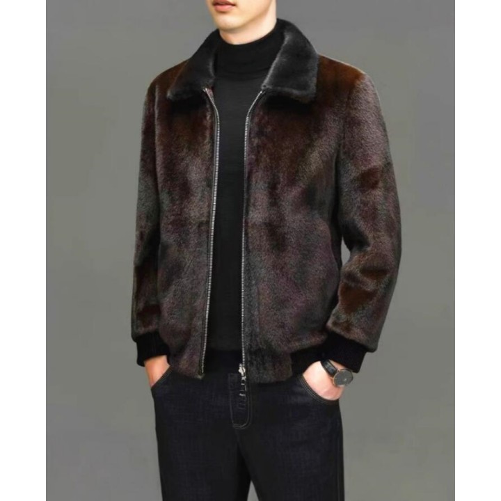 Winter New Fashion Mens Turndown Collar Long Sleeve Zipper Faux Fur Jackets Male Thi