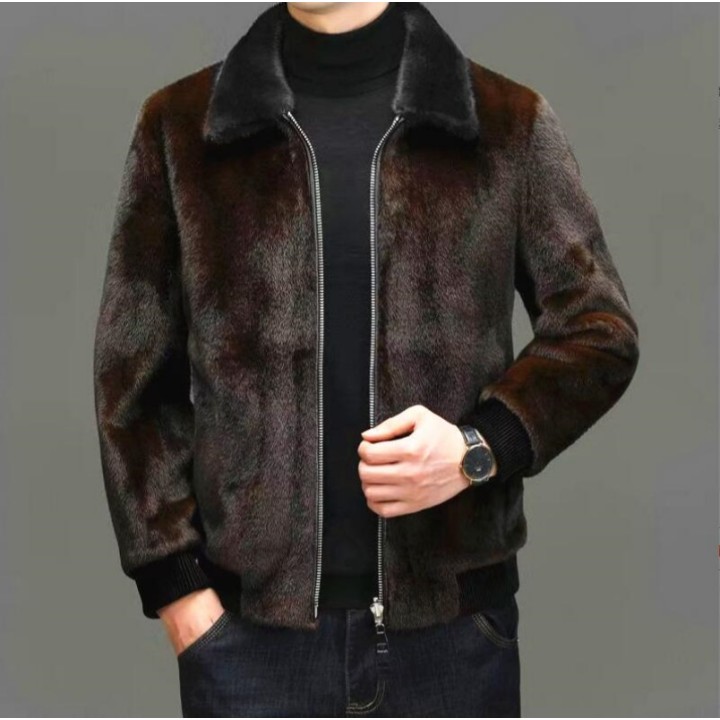 Winter New Fashion Mens Turndown Collar Long Sleeve Zipper Faux Fur Jackets Male Thi