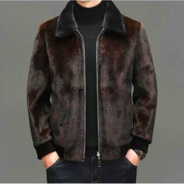 Winter New Fashion Mens Turndown Collar Long Sleeve Zipper Faux Fur Jackets Male Thi