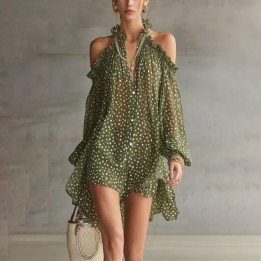 Women Polka Dot Short Dress Halter Off Shoulder Long Sleeves Loose Evening Cocktail P