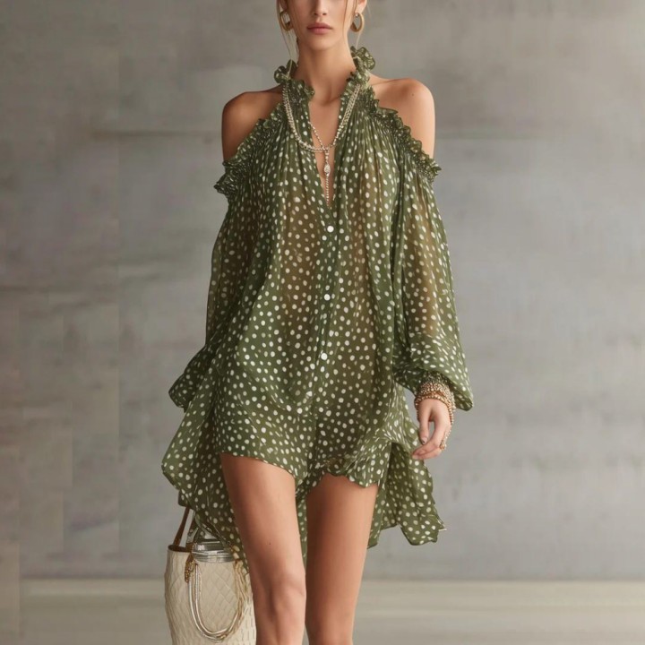 Women Polka Dot Short Dress Halter Off Shoulder Long Sleeves Loose Evening Cocktail P