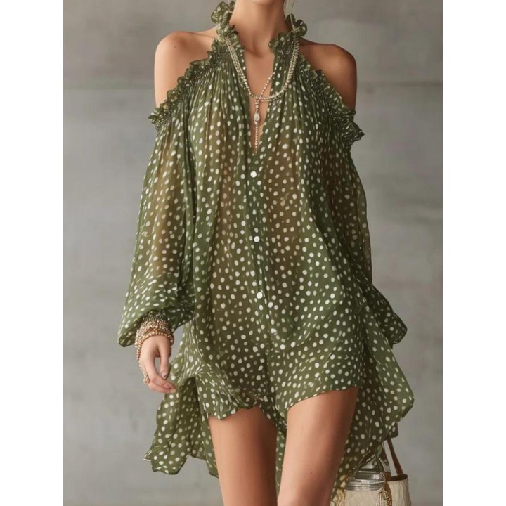 Women Polka Dot Short Dress Halter Off Shoulder Long Sleeves Loose Evening Cocktail P