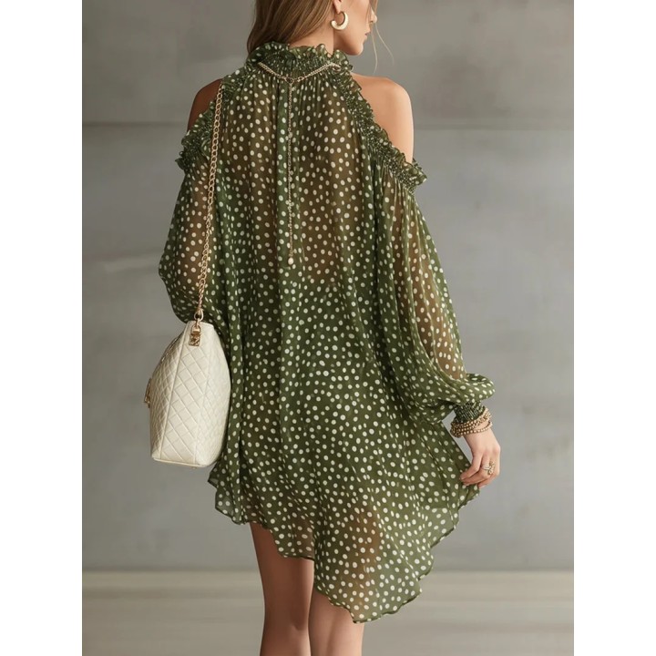 Women Polka Dot Short Dress Halter Off Shoulder Long Sleeves Loose Evening Cocktail P