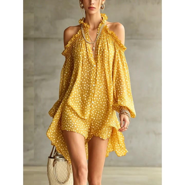 Women Polka Dot Short Dress Halter Off Shoulder Long Sleeves Loose Evening Cocktail P
