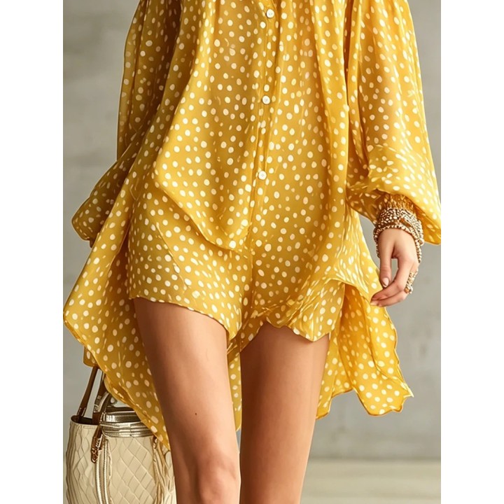 Women Polka Dot Short Dress Halter Off Shoulder Long Sleeves Loose Evening Cocktail P