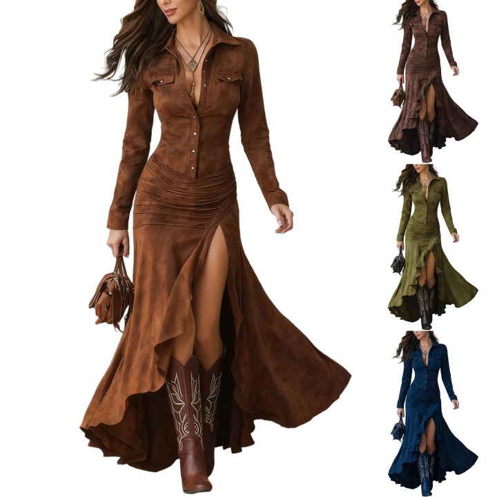 Fall Long Sleeve Button Western Dress Winter Wrap Asymmetric Ruffle Maxi Dress Trendy