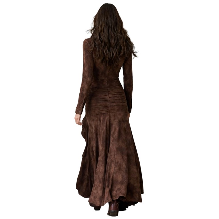 Fall Long Sleeve Button Western Dress Winter Wrap Asymmetric Ruffle Maxi Dress Trendy