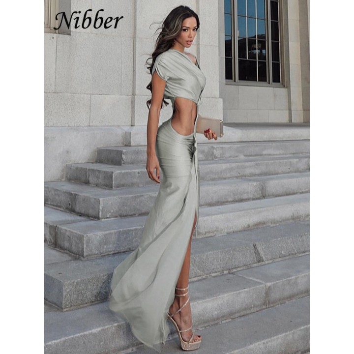 Nibber Irregular Hollow Dress Women Ruched Diagonal Collar Shorts Sleeve Waistless Sl
