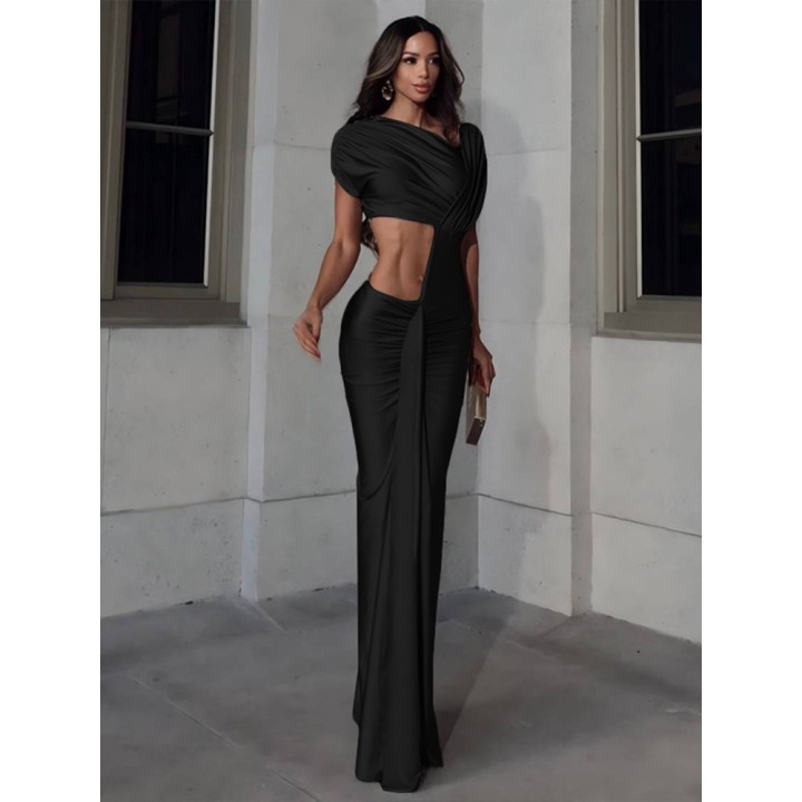 Nibber Irregular Hollow Dress Women Ruched Diagonal Collar Shorts Sleeve Waistless Sl