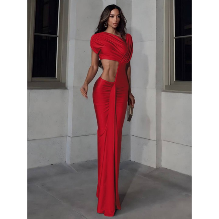 Nibber Irregular Hollow Dress Women Ruched Diagonal Collar Shorts Sleeve Waistless Sl