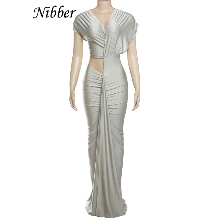 Nibber Irregular Hollow Dress Women Ruched Diagonal Collar Shorts Sleeve Waistless Sl