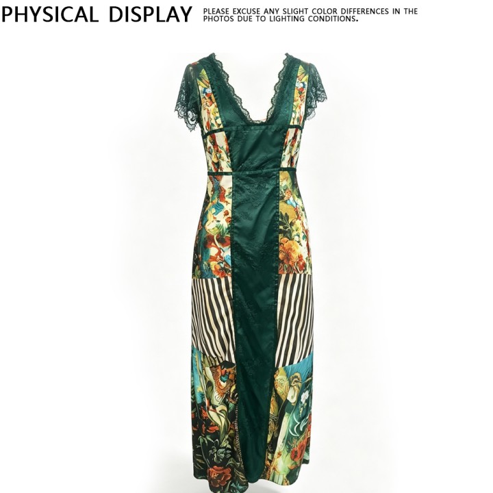 Womens Vintage Floral Print Maxi Dress Lace Splice Short Sleeve Deep V Self Tie Wais