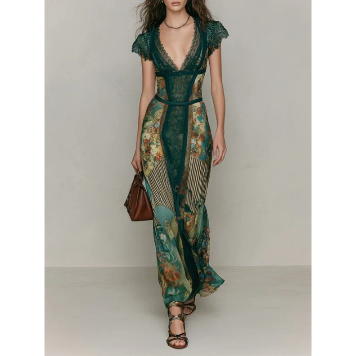 Womens Vintage Floral Print Maxi Dress Lace Splice Short Sleeve Deep V Self Tie Wais