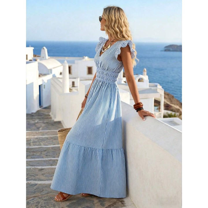 Womens Blue & White Stripe Vneck Maxi Dress Boho Aline Casual Fashion Leafedge Summe