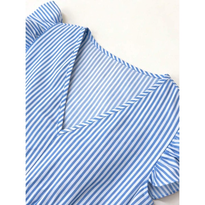 Womens Blue & White Stripe Vneck Maxi Dress Boho Aline Casual Fashion Leafedge Summe