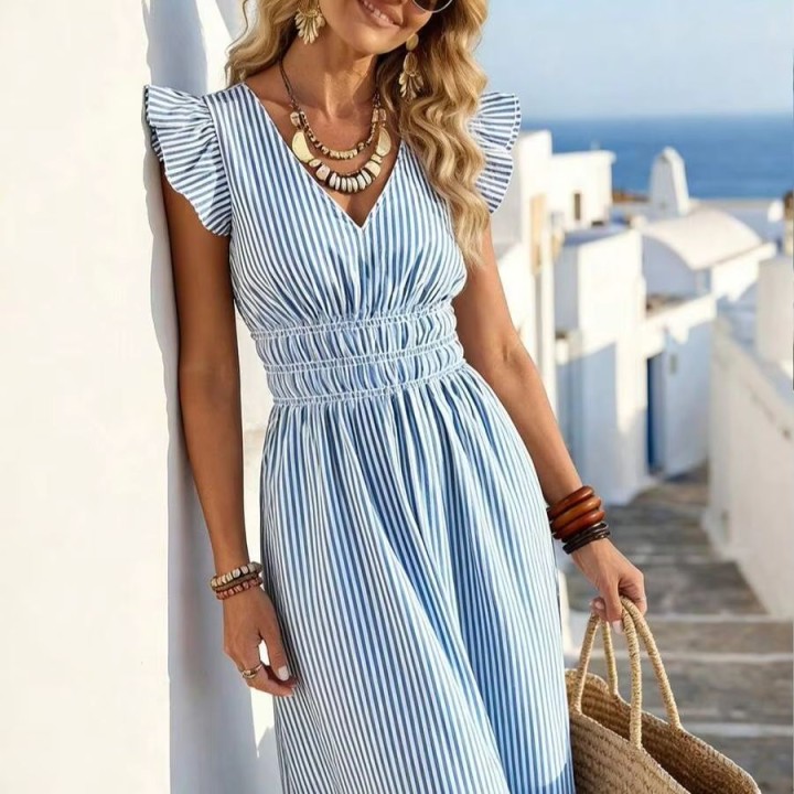 Womens Blue & White Stripe Vneck Maxi Dress Boho Aline Casual Fashion Leafedge Summe