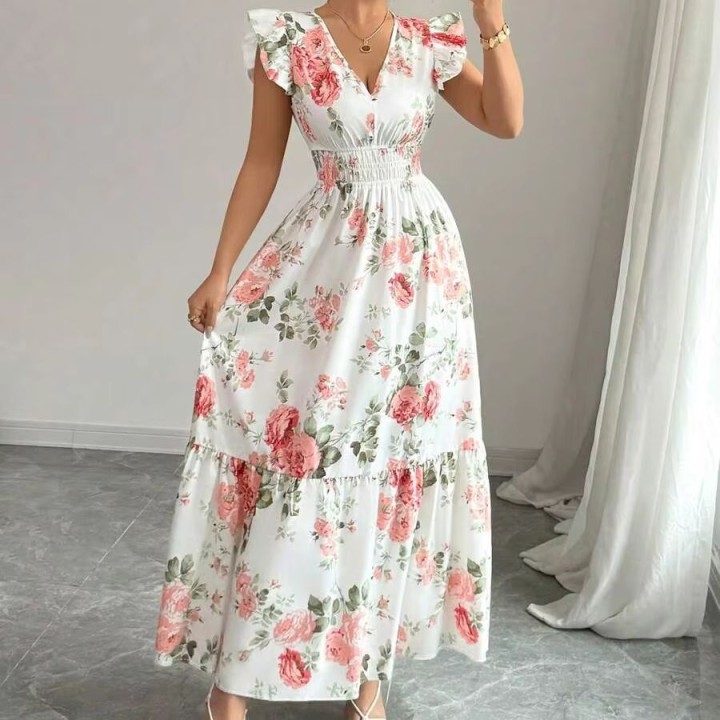 2026 Womens Romantic Floral Print Dress Minimalist Fashion Summer Appropriate Casual