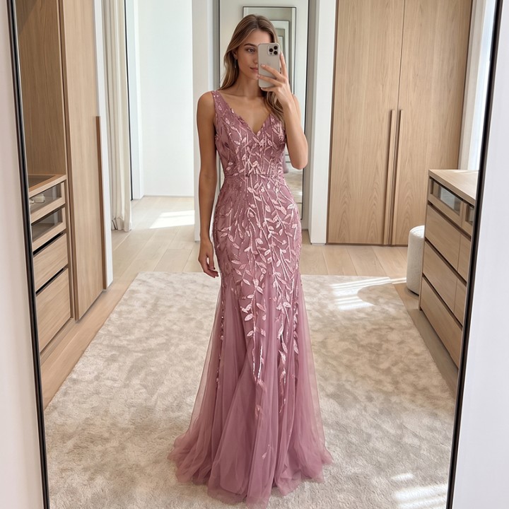 Elegant Women Mermaid Evening Gown Sleeveless V‑neck Leaf Shape Sequins Applique Tu
