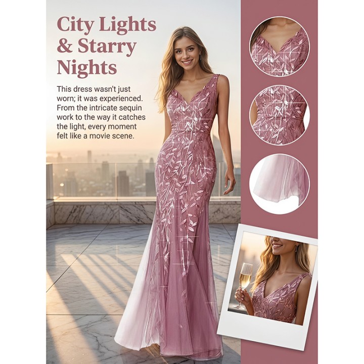 Elegant Women Mermaid Evening Gown Sleeveless V‑neck Leaf Shape Sequins Applique Tu