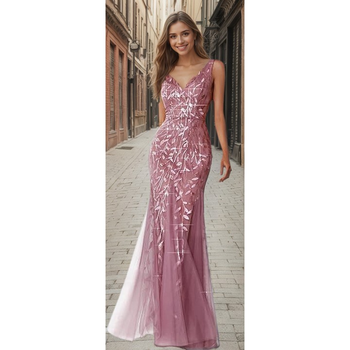 Elegant Women Mermaid Evening Gown Sleeveless V‑neck Leaf Shape Sequins Applique Tu