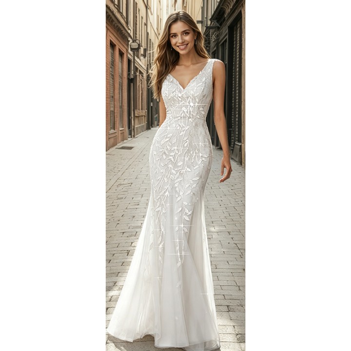 Elegant Women Mermaid Evening Gown Sleeveless V‑neck Leaf Shape Sequins Applique Tu