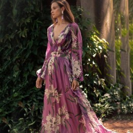 Winter 2025 Womens Vneck Long Sleeve Fourway Elastic Print Maxi Dress Fulllength Reg