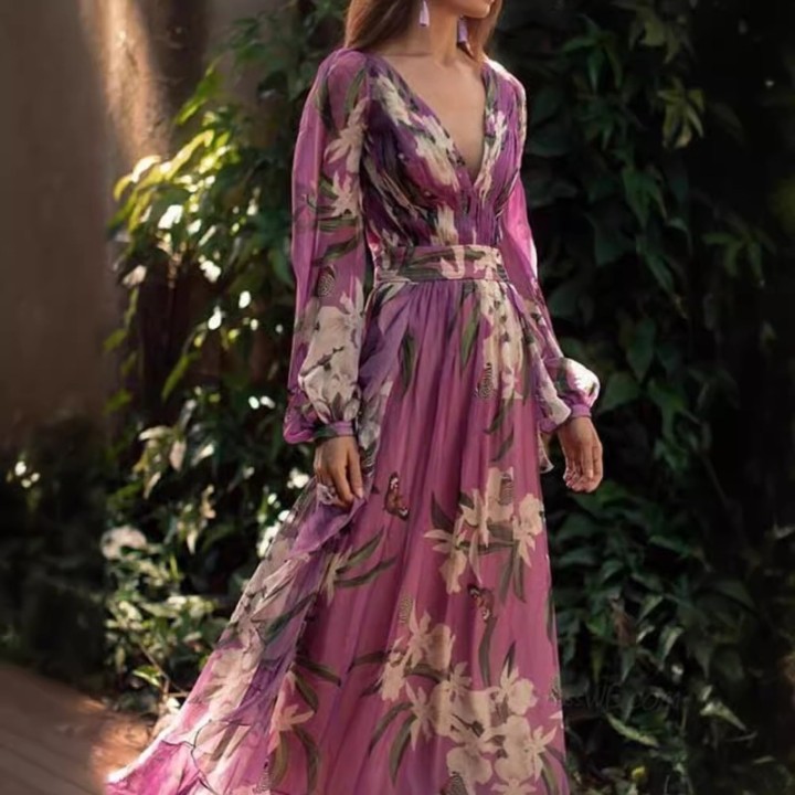 Winter 2025 Womens Vneck Long Sleeve Fourway Elastic Print Maxi Dress Fulllength Reg