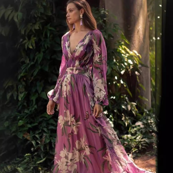 Winter 2025 Womens Vneck Long Sleeve Fourway Elastic Print Maxi Dress Fulllength Reg