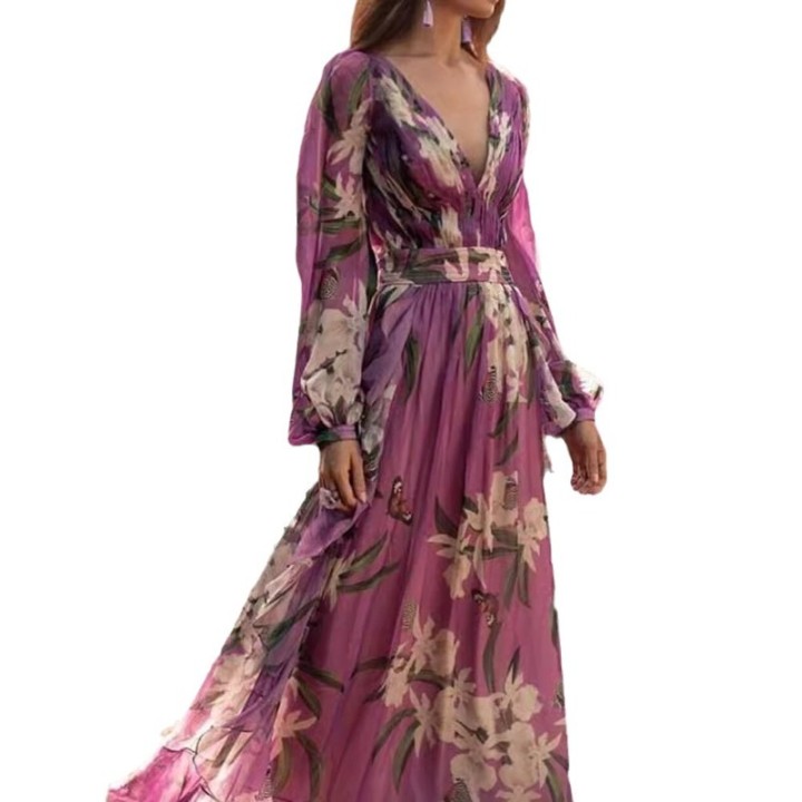 Winter 2025 Womens Vneck Long Sleeve Fourway Elastic Print Maxi Dress Fulllength Reg