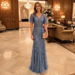 Dusty Blue Mermaid Evening Gown Vneck Flutter Sleeve Sequins Appliques Floor