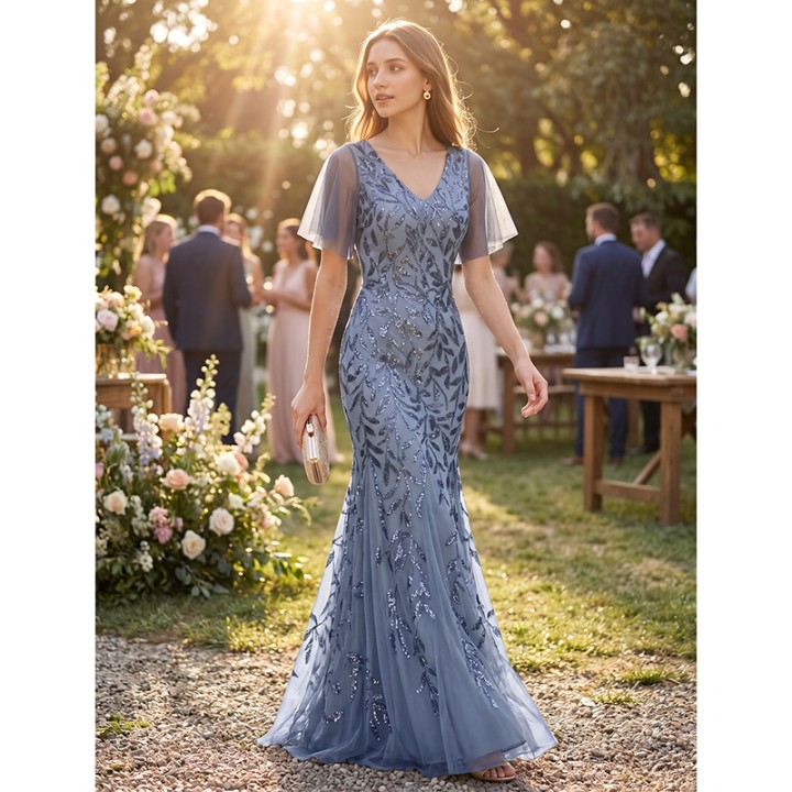 Dusty Blue Mermaid Evening Gown Vneck Flutter Sleeve Sequins Appliques Floor