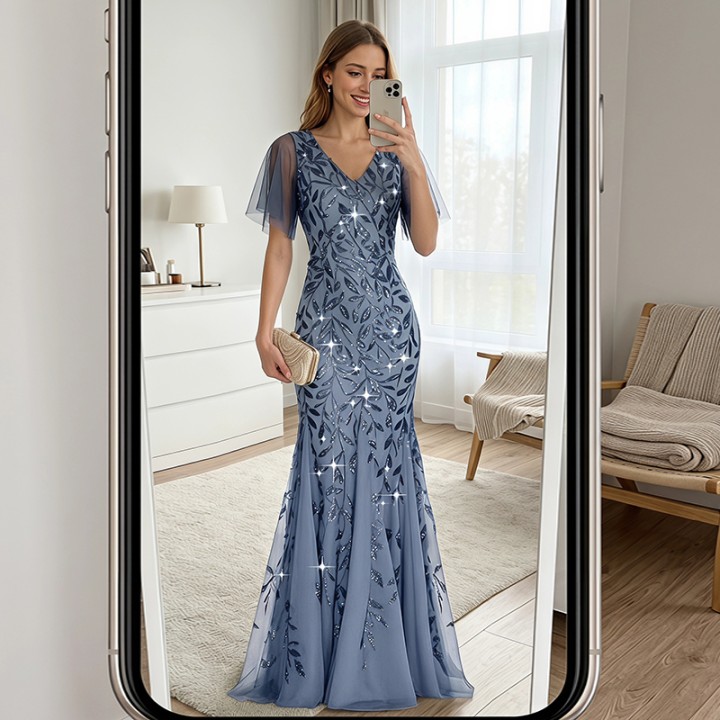 Dusty Blue Mermaid Evening Gown Vneck Flutter Sleeve Sequins Appliques Floor