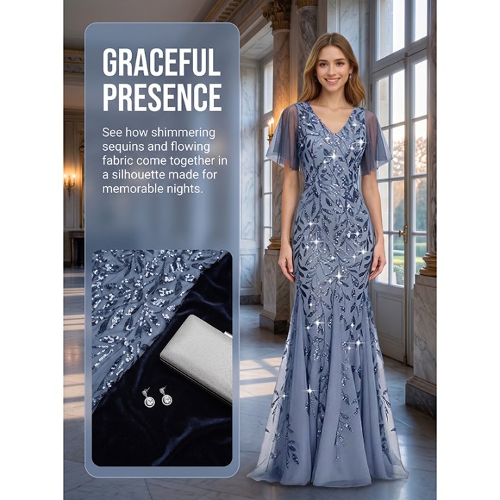Dusty Blue Mermaid Evening Gown Vneck Flutter Sleeve Sequins Appliques Floor