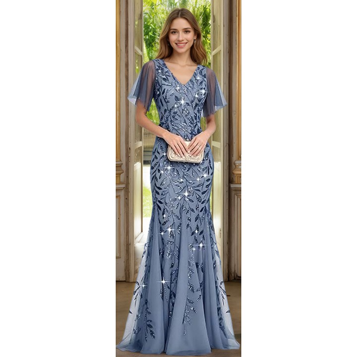 Dusty Blue Mermaid Evening Gown Vneck Flutter Sleeve Sequins Appliques Floor