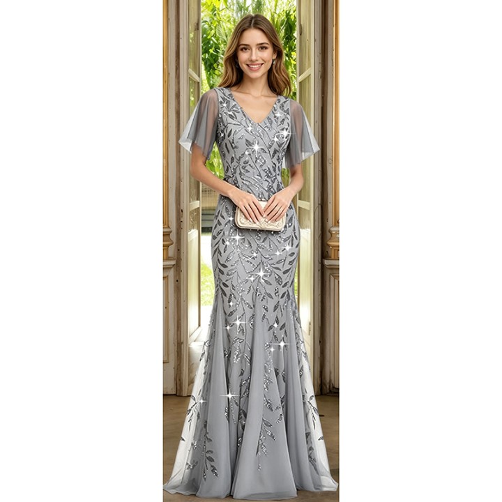 Dusty Blue Mermaid Evening Gown Vneck Flutter Sleeve Sequins Appliques Floor