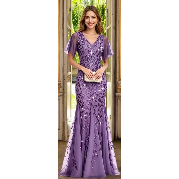 Dusty Blue Mermaid Evening Gown Vneck Flutter Sleeve Sequins Appliques Floor