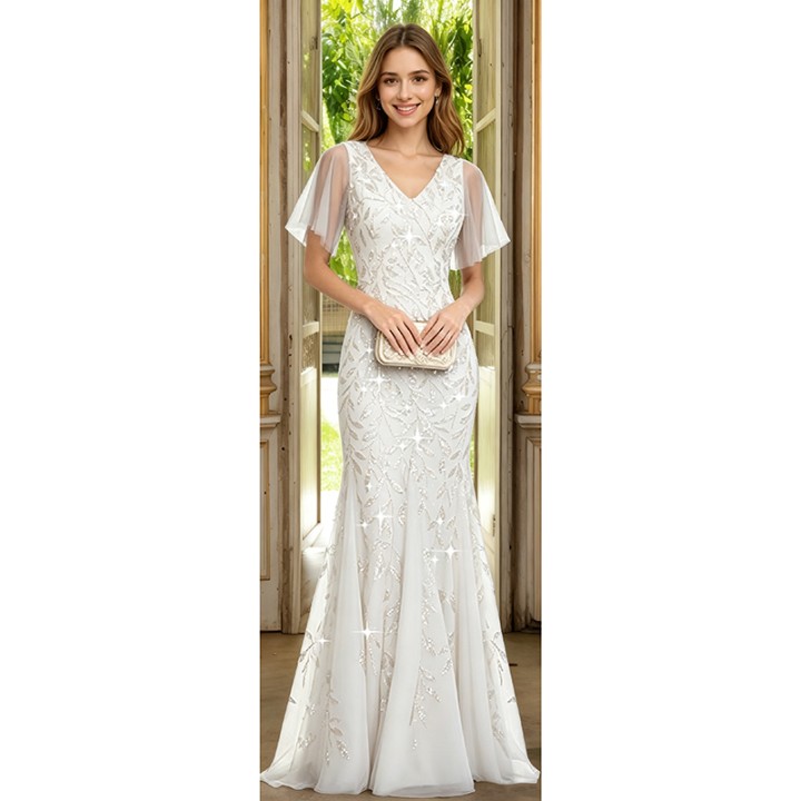 Dusty Blue Mermaid Evening Gown Vneck Flutter Sleeve Sequins Appliques Floor