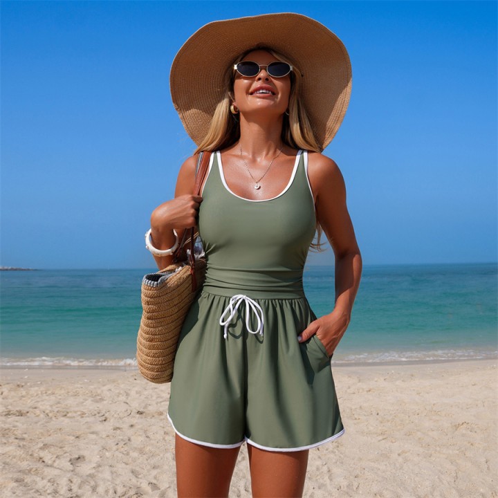 Women One Piece Swimsuit Summer Swimming Jumpsuit Vest Shorts Solid Classical Color F