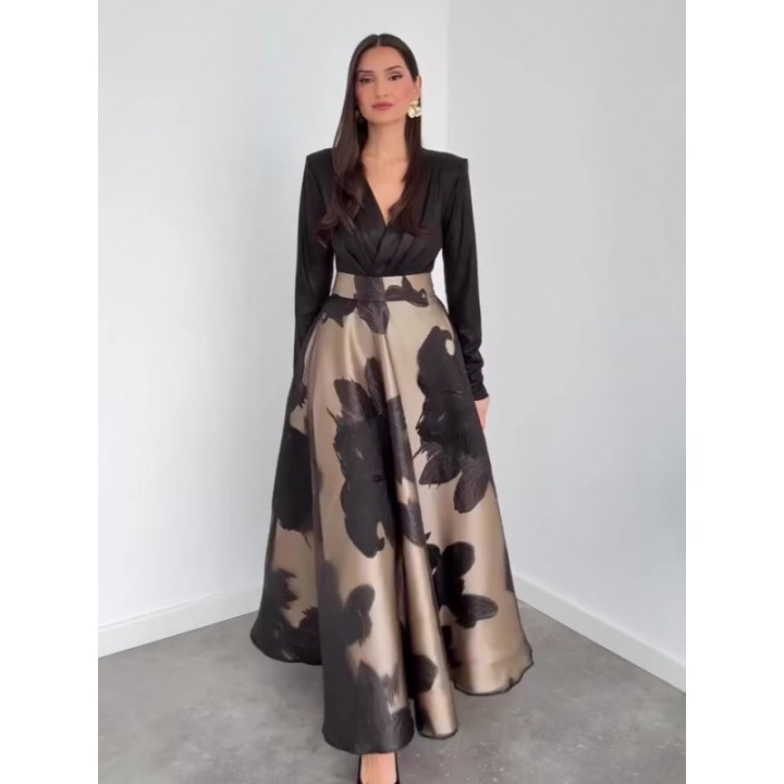 Womens Vneck Long Sleeve Dress 2026 Spring Waist Cinching  Temperament Big Swing Fit