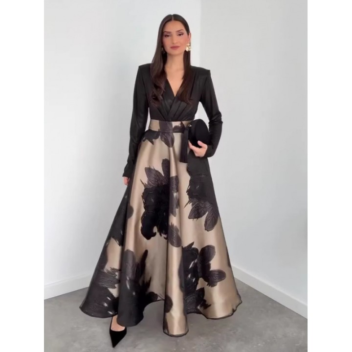 Womens Vneck Long Sleeve Dress 2026 Spring Waist Cinching  Temperament Big Swing Fit